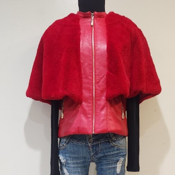 💥STUNNING!💥VTG 100% Lamb Leather, Genuine Fox & Rabbit Fur Cape Vest in Red - Picture 14 of 16